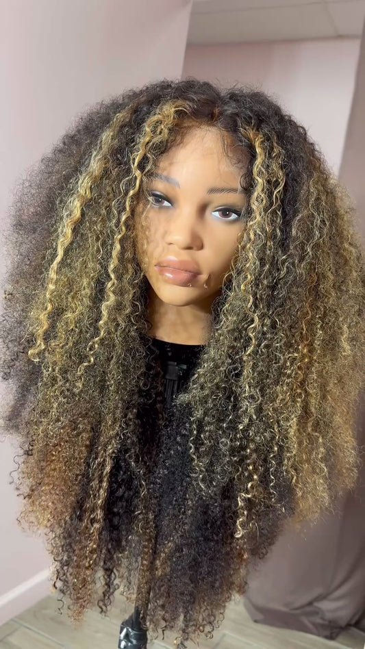 Highlighted kinky curly 13x4 hd lace wig